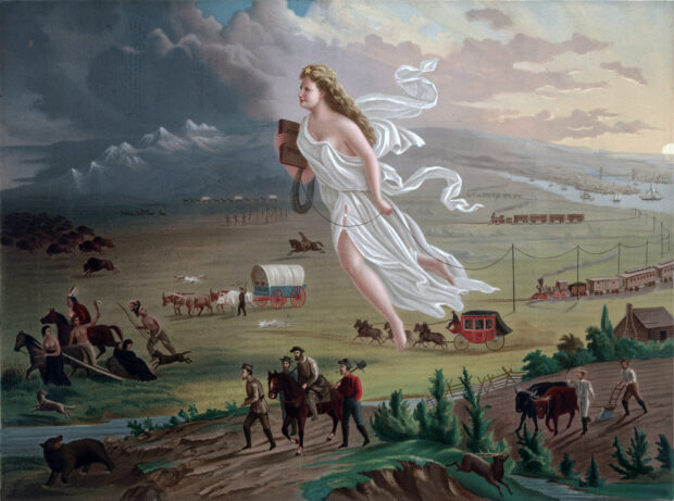 Artwork displaying the countryside with mountains and the waterfront in the background. In the painting there are buffalos running, horses and carriages, two trains traveling through, boats in the water, a group of farmers, and a group of Native Americans. In the center of the painting there is a women floating in a white dress holding a book.