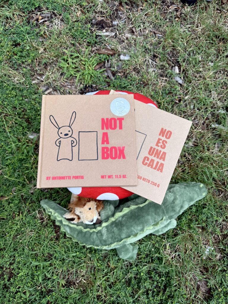 Photo of the books read at Wonder Wednesday - "Not a Box". There is one copy in English and one copy in Spanish. Next to the books are two puppets, a lion and an alligator.