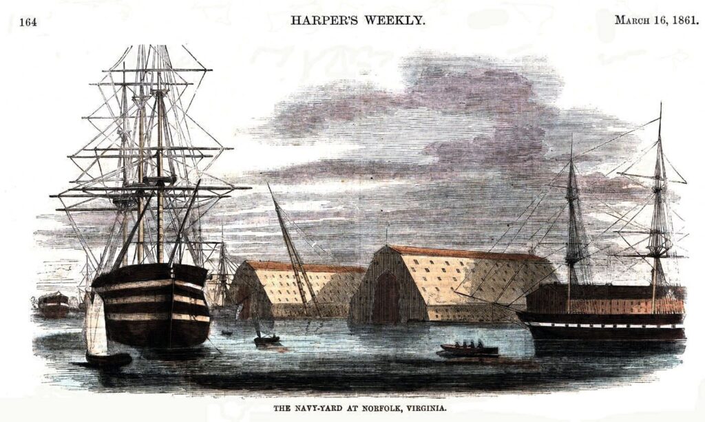 Artwork of the Navy yard at Norfolk, Virginia. The image includes three large boats and several smaller boats in the water with two buildings in the background.