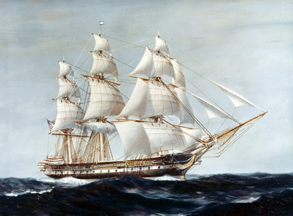 Colored painting of the USS Independence sailing through the water.