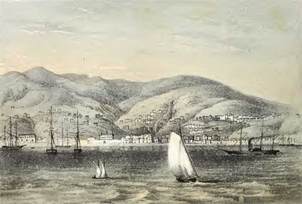 Black and white artwork of the Valparaiso Bay with several boats in the water. There is also a town on the mountainside in the background.
