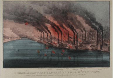 Lithograph of the bombardment and capture of Fort Henry, from Currier and Ives. Image from The Mariners' Museum's collection.