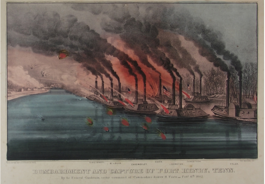 Lithograph of the bombardment and capture of Fort Henry, from Currier and Ives. Image from The Mariners' Museum's collection.