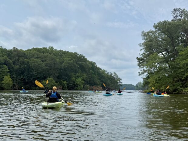 Adults and children kayaking on Mariners' Lake with lifejackets on. The sky is blue and the along the shore are trees.