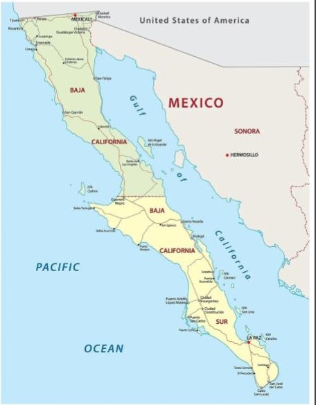 Image of a political map of Baja, Sonora, the Gulf of California, and the Pacific Ocean