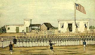 Artwork showing a large group of U.S. Mariners raising the U.S. flag over La Paz, Mexico.