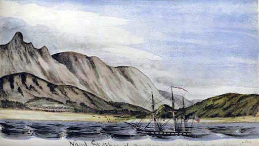 Artwork of the USS Dale sailing off the coast of San Jose del Cabo with mountains in the background