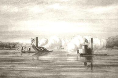 Image of two ironclads in the middle of battle in a body of water. The ironclads depicted are CSS Atlanta and USS Weehawken, and the body of water is the Wassaw Sound.