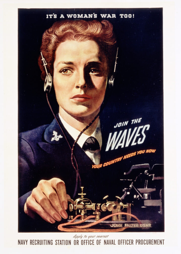 Poster of an illustration of a woman in uniform with a headset on with WAVES in large print