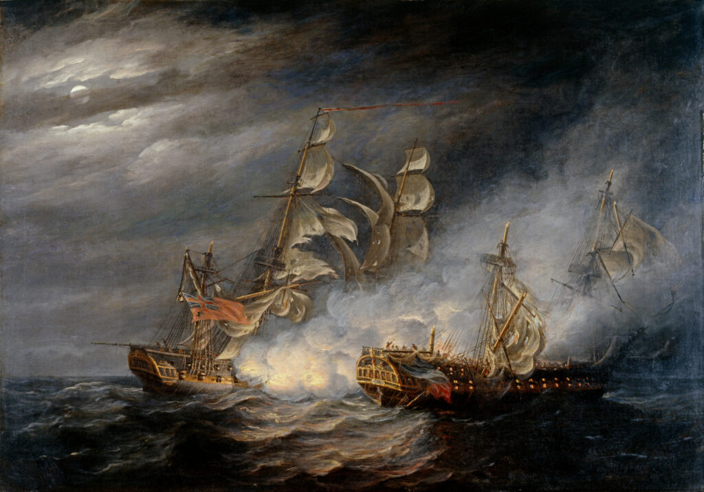 Painting of two ships in the dark