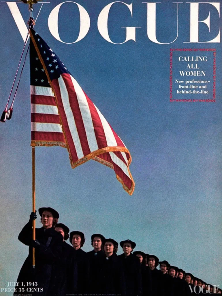 Cover of Vogue magazine featuring a line of women in uniform with the first in line holding up the american flag