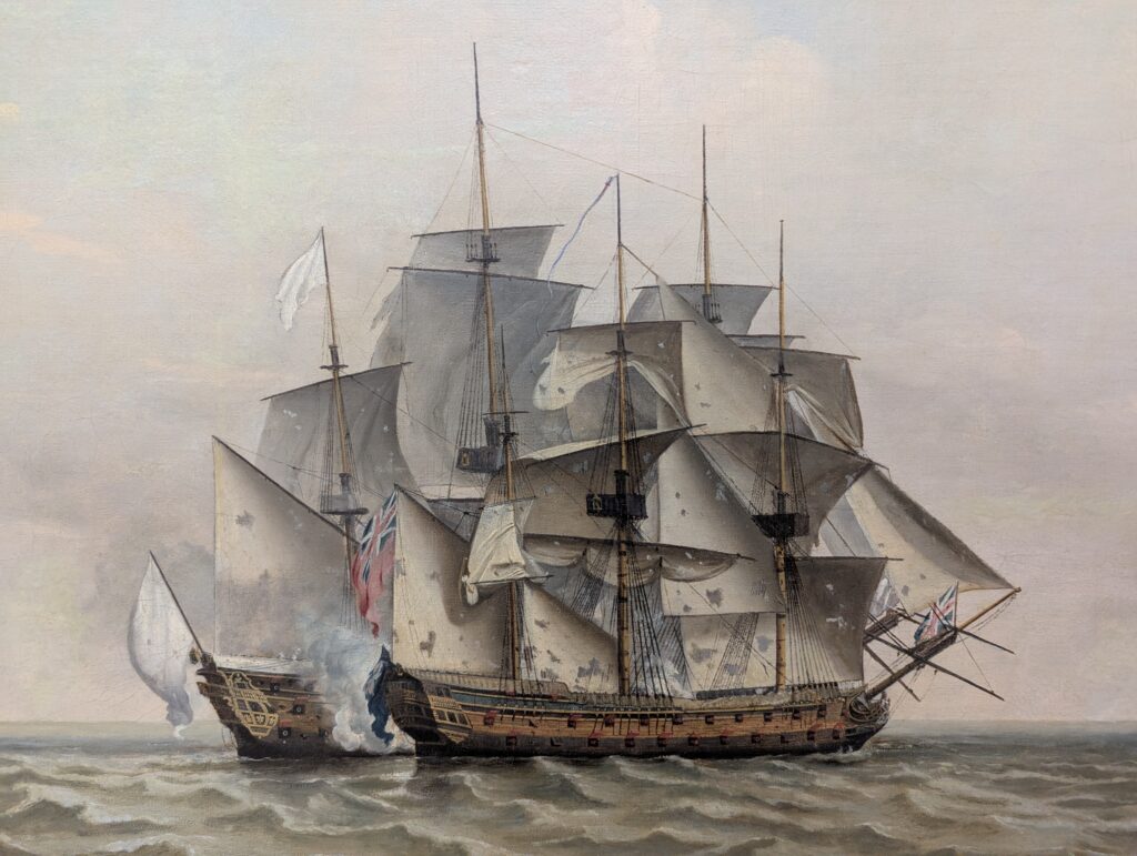 Painting of 2 ships side by side. One has the british flag hoisted.