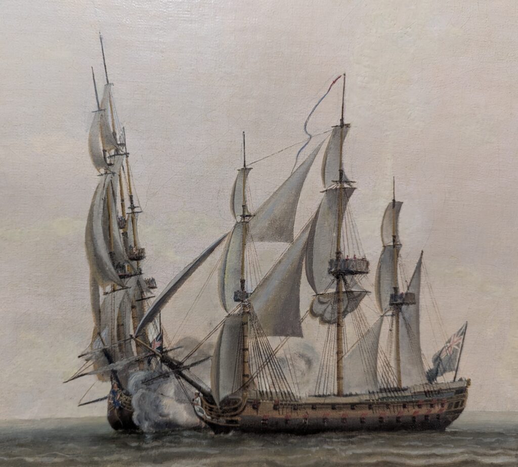 Painting of 2 ships, side by side.