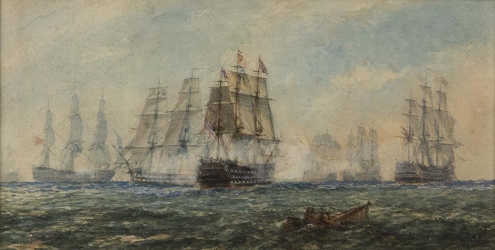 A painting of multiple ships on water and a smaller boat in the foreground.