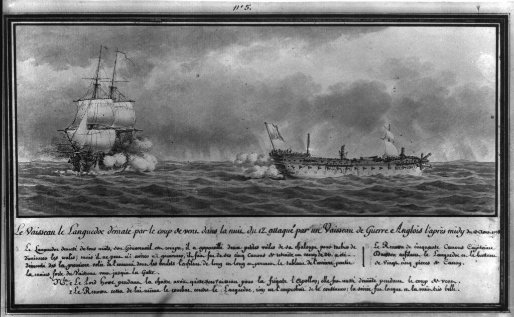 Black and white painting of 2 ships with words in french on the bottom.