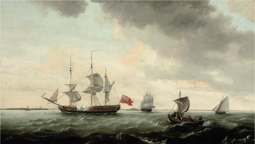 A painting of multiple ships on the water. People can be seen aboard. One ship hoists the british flag.