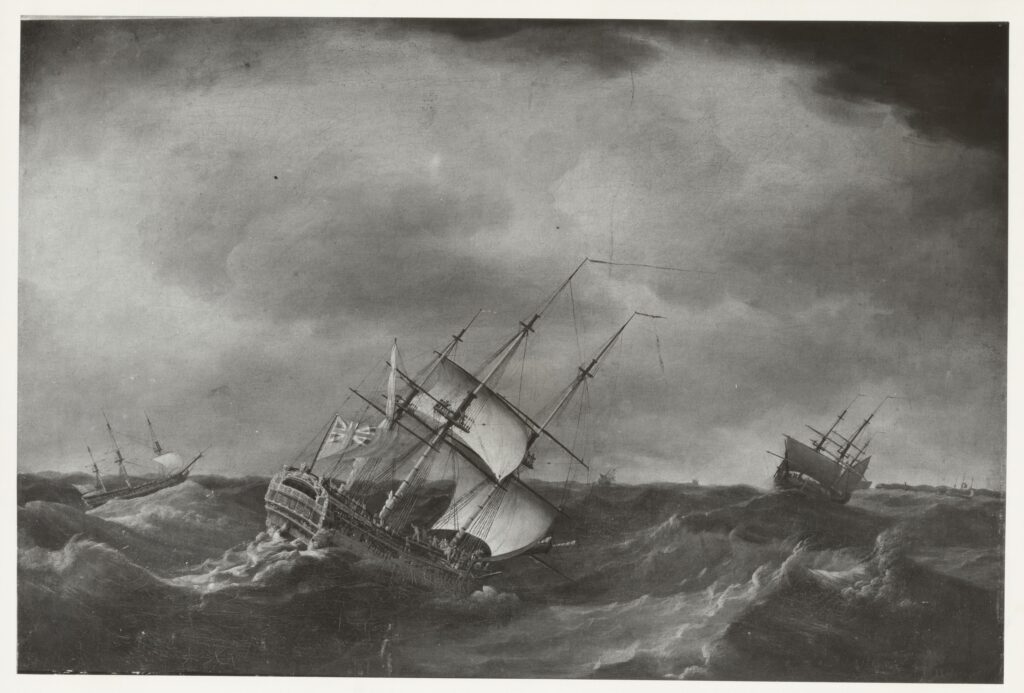 Painting of multiple ships caught in a storm