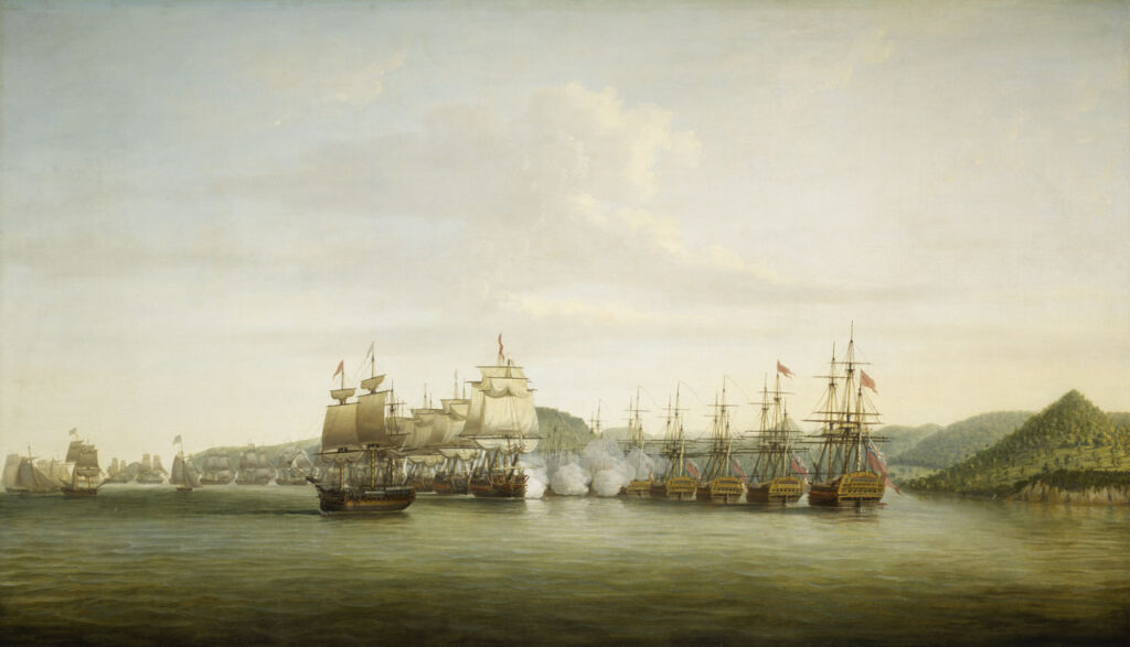 Painting of many ships on the water.