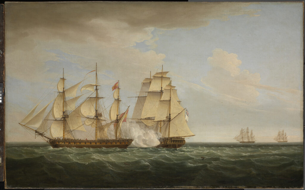 Painting of multiple ships on the water.