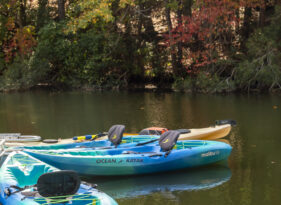 Two blue kayaks and one orange kayak sit atop the water of Mariners' Lake, with fall-colored trees in the background.