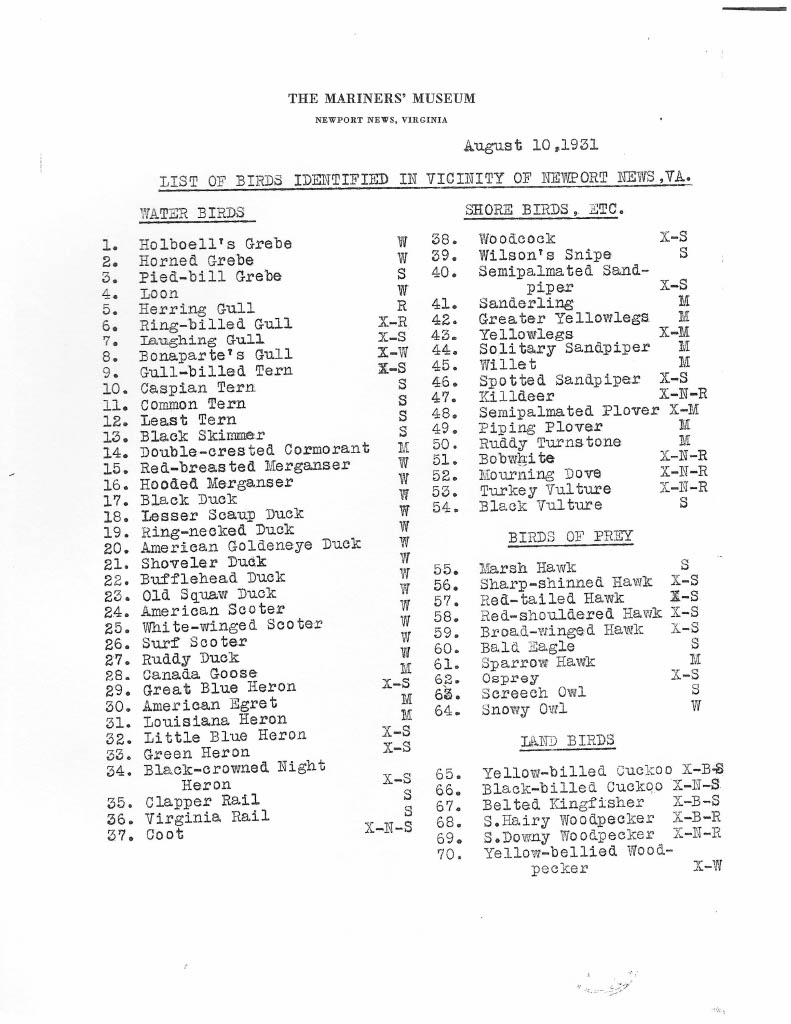 A numbered list titled "List of birds identified in vicinity of newport news, va." Dated August 10, 1931.