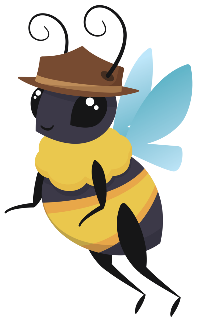 Illustration of bee wearing a brown Park Ranger hat. The Bee is flying.